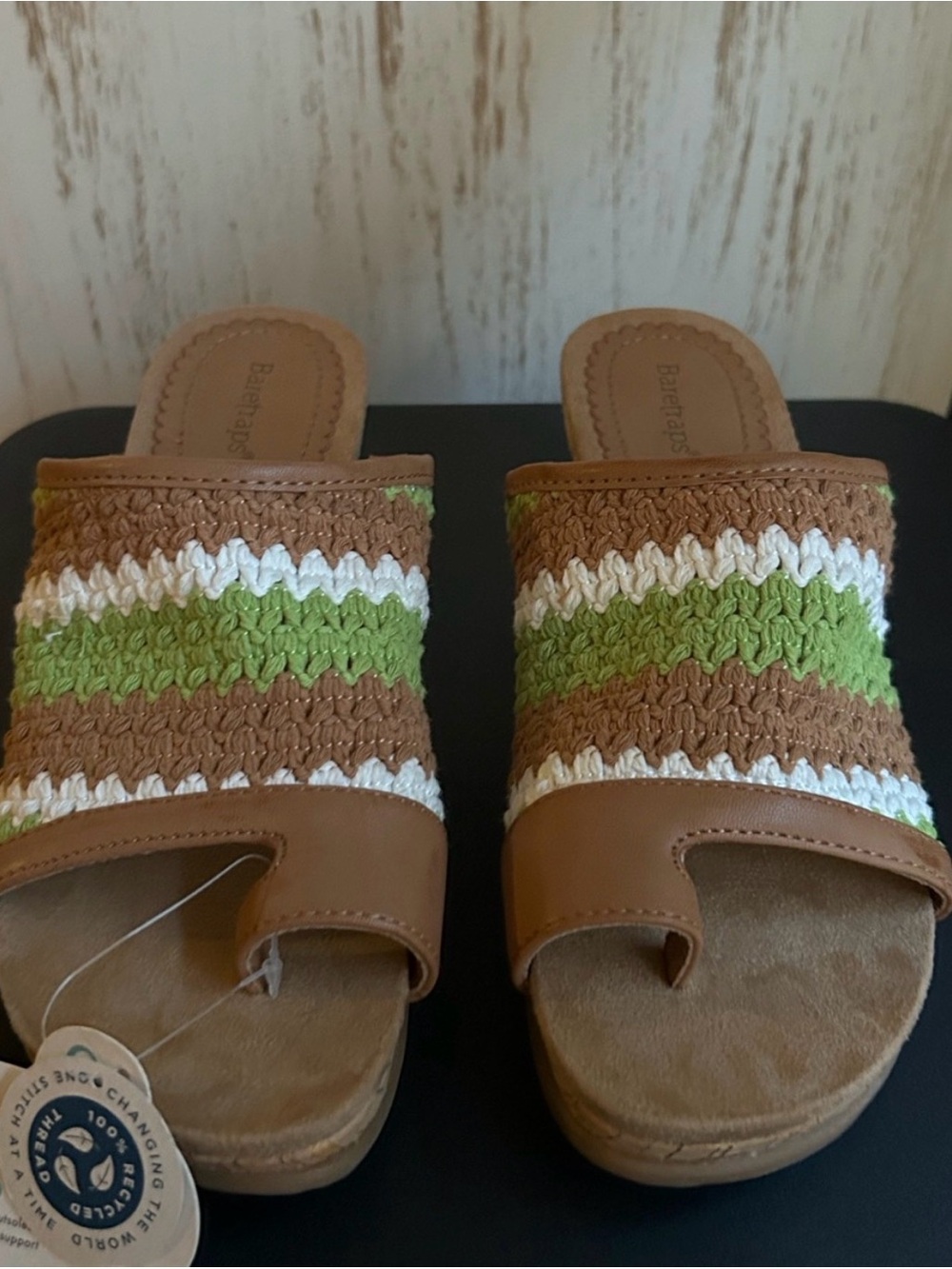 BareTraps Crochet Stripe Wedge Slide - Tan & Green - Picture 3 of 5